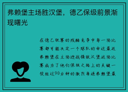 弗赖堡主场胜汉堡，德乙保级前景渐现曙光