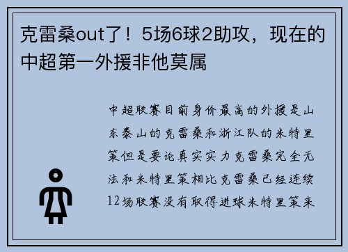 克雷桑out了！5场6球2助攻，现在的中超第一外援非他莫属